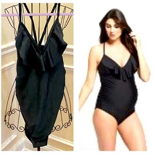 Isabel Maternity Black Ruffle Detail Maternity Swimsuit